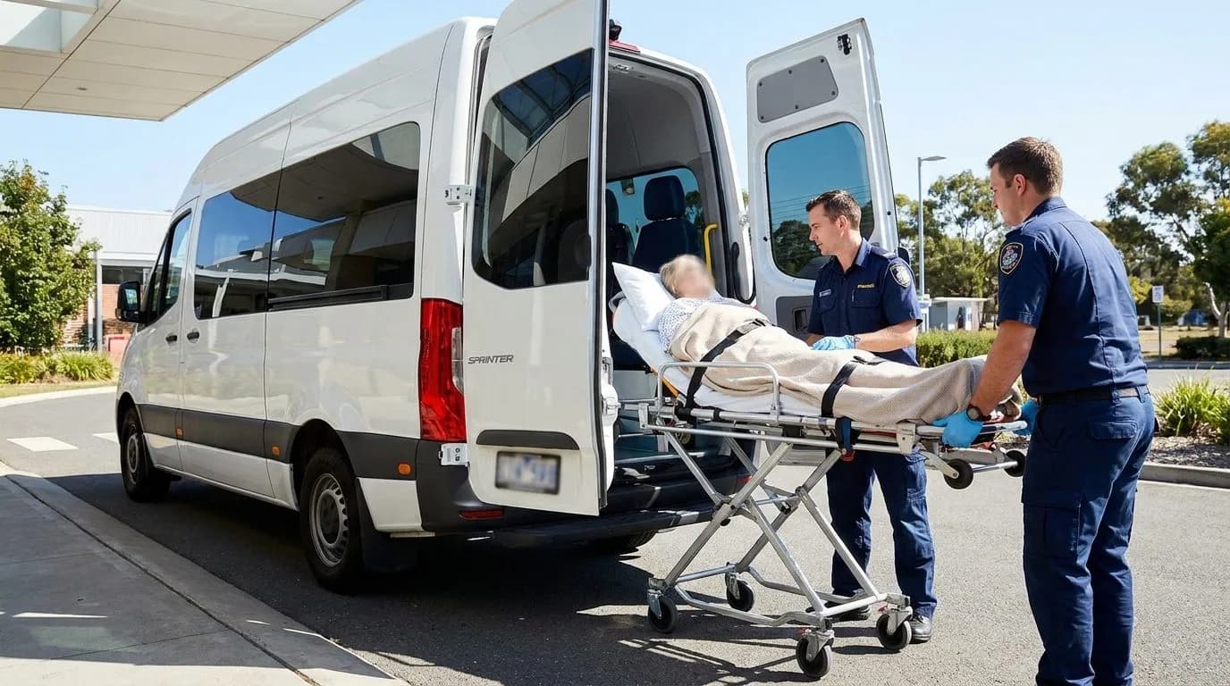Fahrgast wird liegend auf einer Fahrtrage in ein Fahrzeug verladen, Liegendfahrt in Berlin