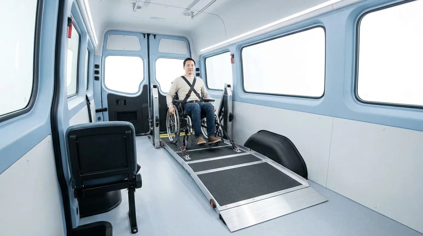 Fahrgast im Rollstuhl wird über eine Rampe in ein Fahrzeug gefahren, Rollstuhlfahrt in Berlin