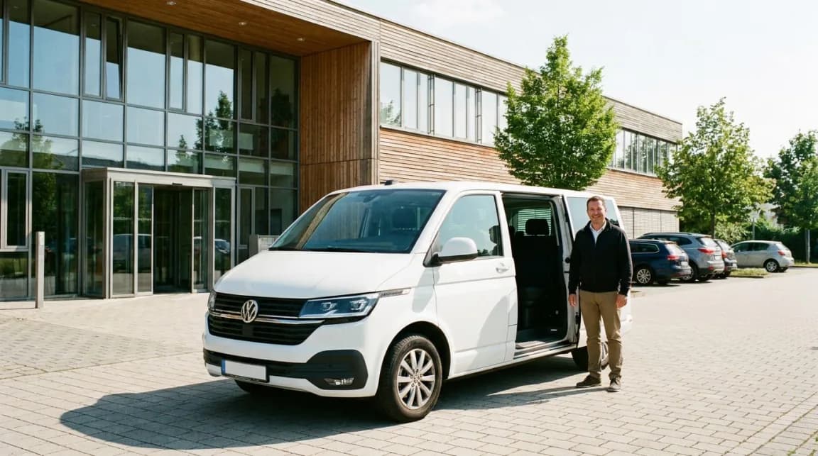 Weißer Kleinbus mit geöffneter Schiebetür auf einem gepflasterten Vorplatz, daneben steht ein Mann