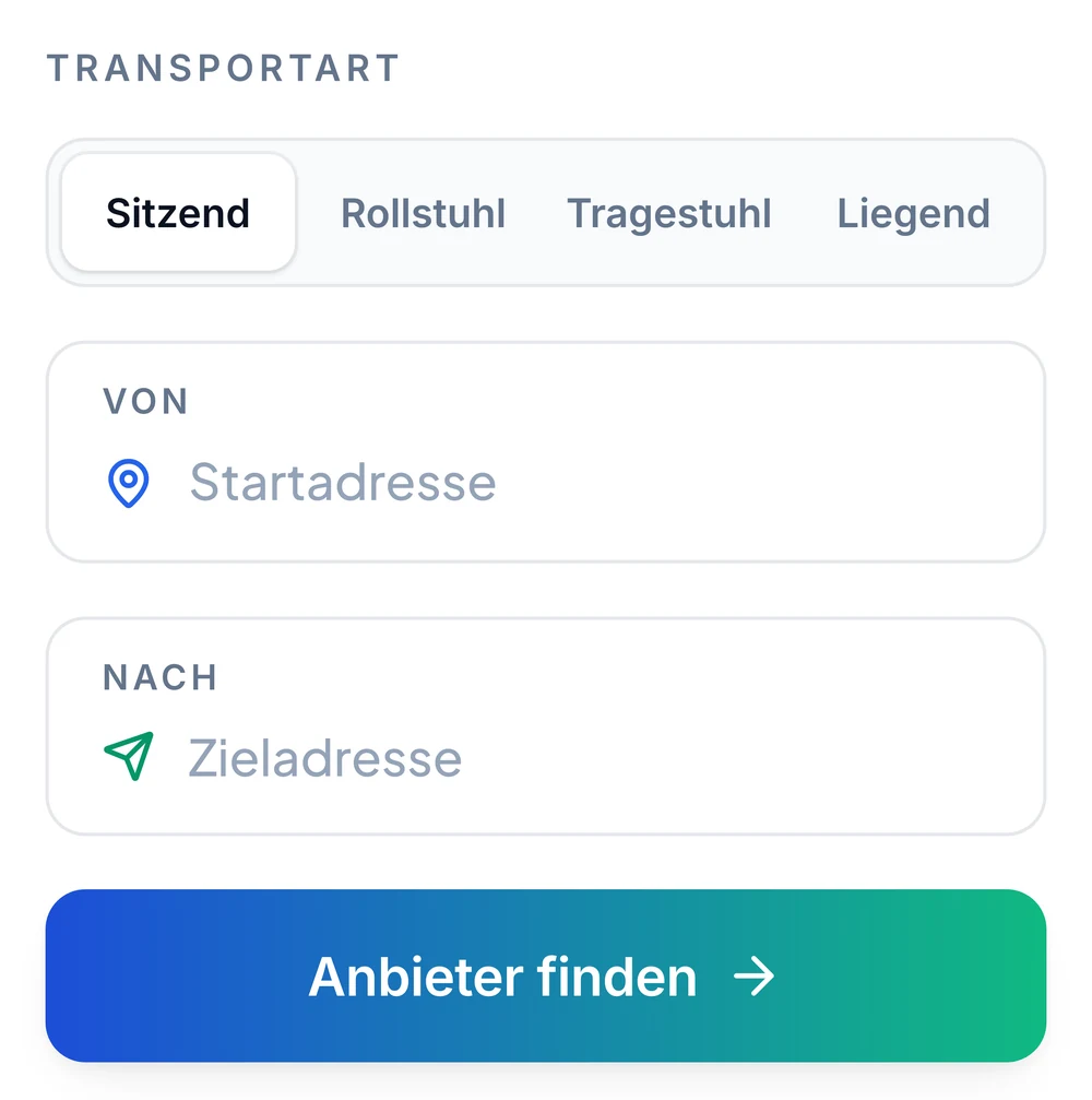 Ausschnitt der Buchungsmaske von katew.de mit der Auswahl der Transportart und den Feldern für Von und Nach