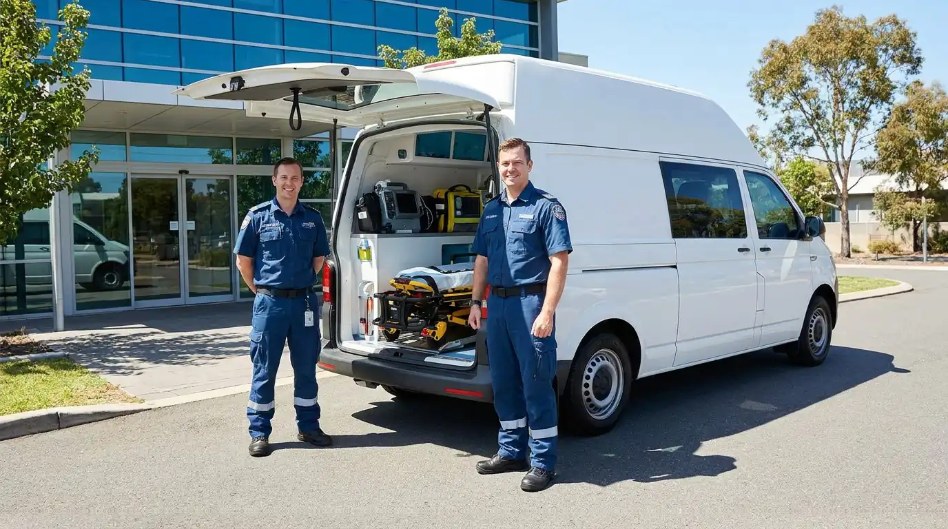 Zwei Männer in dunkelblauer Uniform stehen vor einem weißen Transporter mit offener Heckklappe.