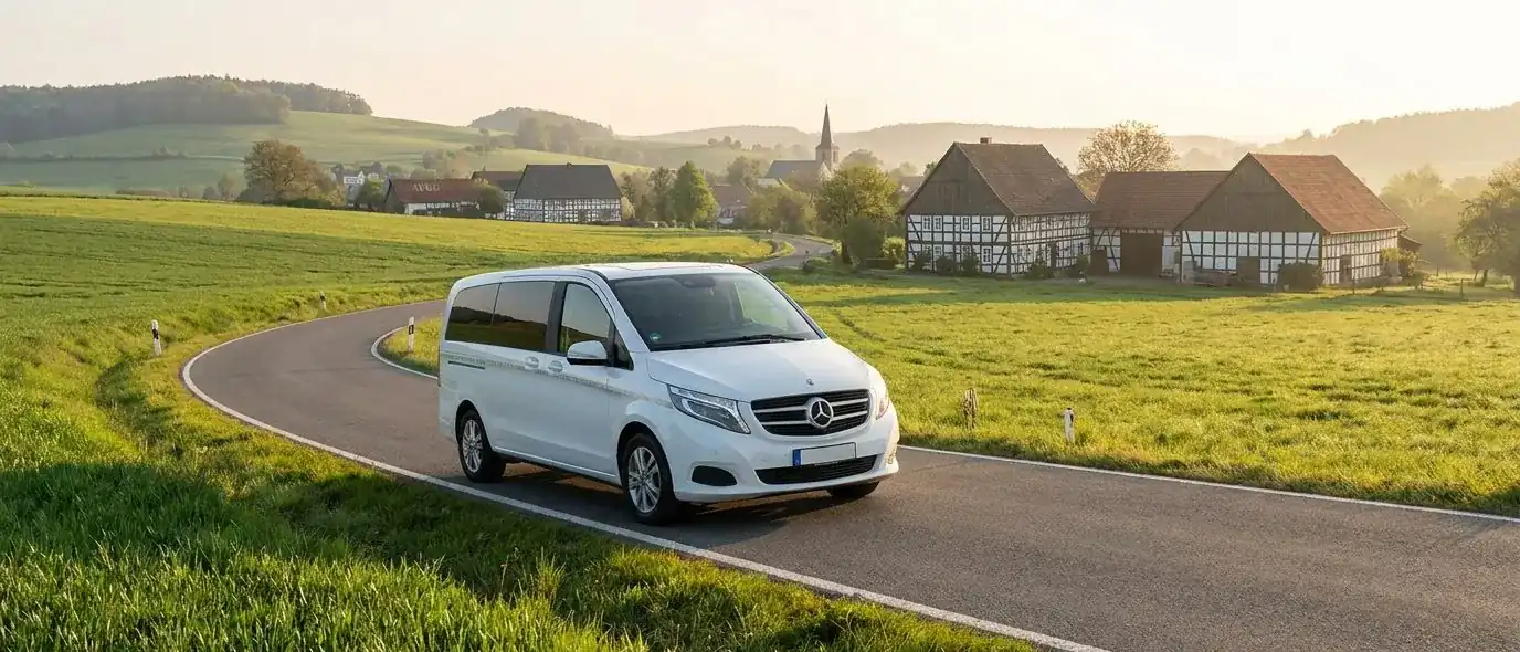 Weißer Kleinbus auf einer Landstraße vor einem Dorf