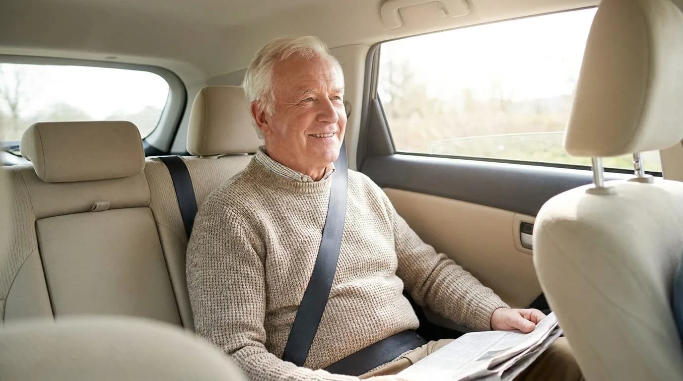 Älterer Fahrgast sitzt angeschnallt auf dem Rücksitz eines Fahrzeugs