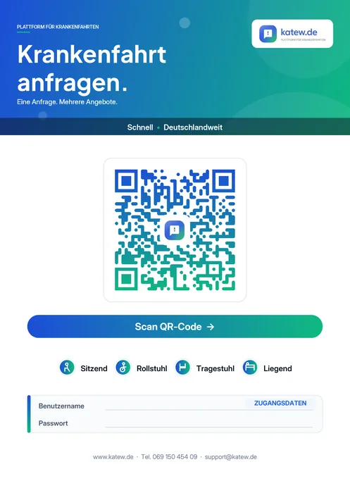 katew Tischaufsteller mit QR-Code zur Anfrage einer Krankenfahrt, Fahrarten Sitzend, Rollstuhl, Tragestuhl und Liegend