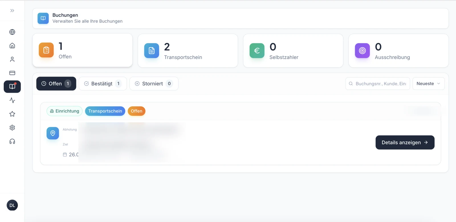 katew Anbieter-Dashboard, Ansicht Buchungen