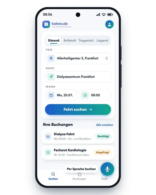 katew.de auf dem Telefon: Transportart wählen, Start und Ziel eingeben, Termin setzen, darunter die eigenen Buchungen