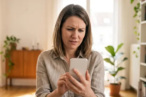 Symbolbild: Eine Frau schaut skeptisch auf ihr Telefon, KI-generiert